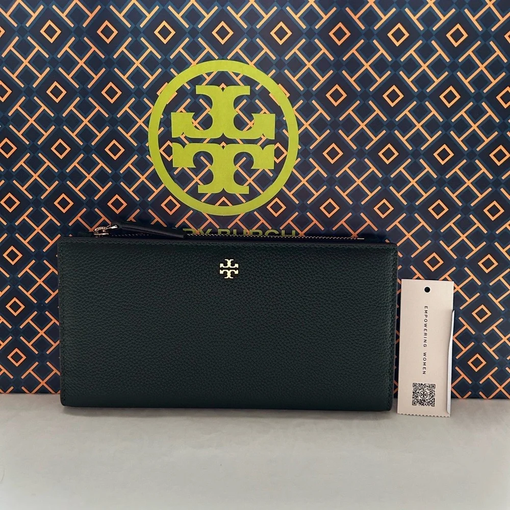 Tory Burch Blake Color Block Slim Envelope Wallet Basil Gold Dark Green